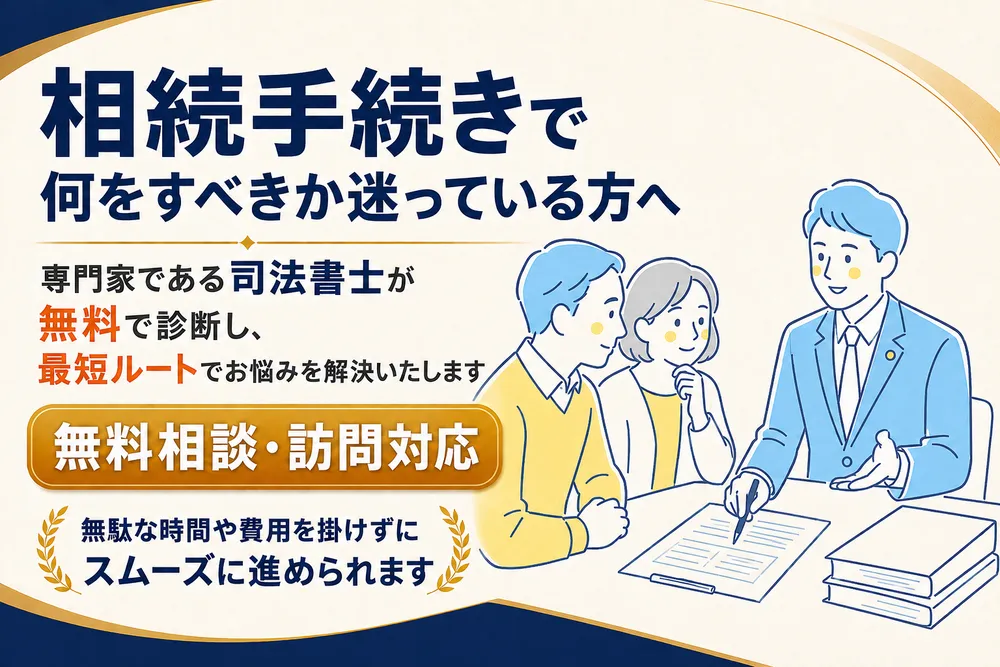 相続手続きで何をすべきか迷っている方へ　
専門家である司法書士が無料で診断し、最短ルートでお悩みを解決いたします。
無料相談訪問対応。無駄な時間や費用を掛けずにスムーズに進められます。
