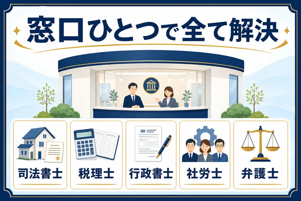 窓口ひとつで全て解決
司法書士・税理士・行政書士・社労士・弁護士がお力になります
